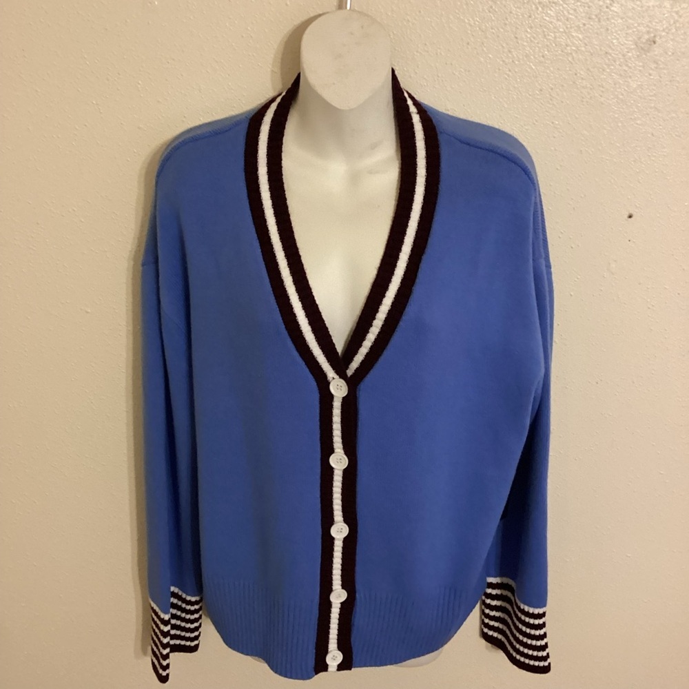 NWT French Connection Blue V-neck Button Up Sweater Cardigan Striped Size Large